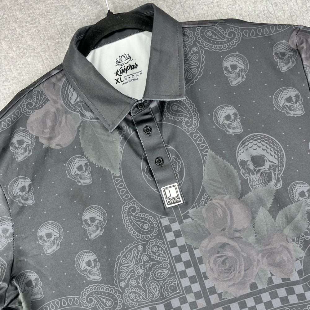 Kaipar Polo Dress Shirt Mens XL Black Skull Rose Paisley Dia De Los Mulligans 22